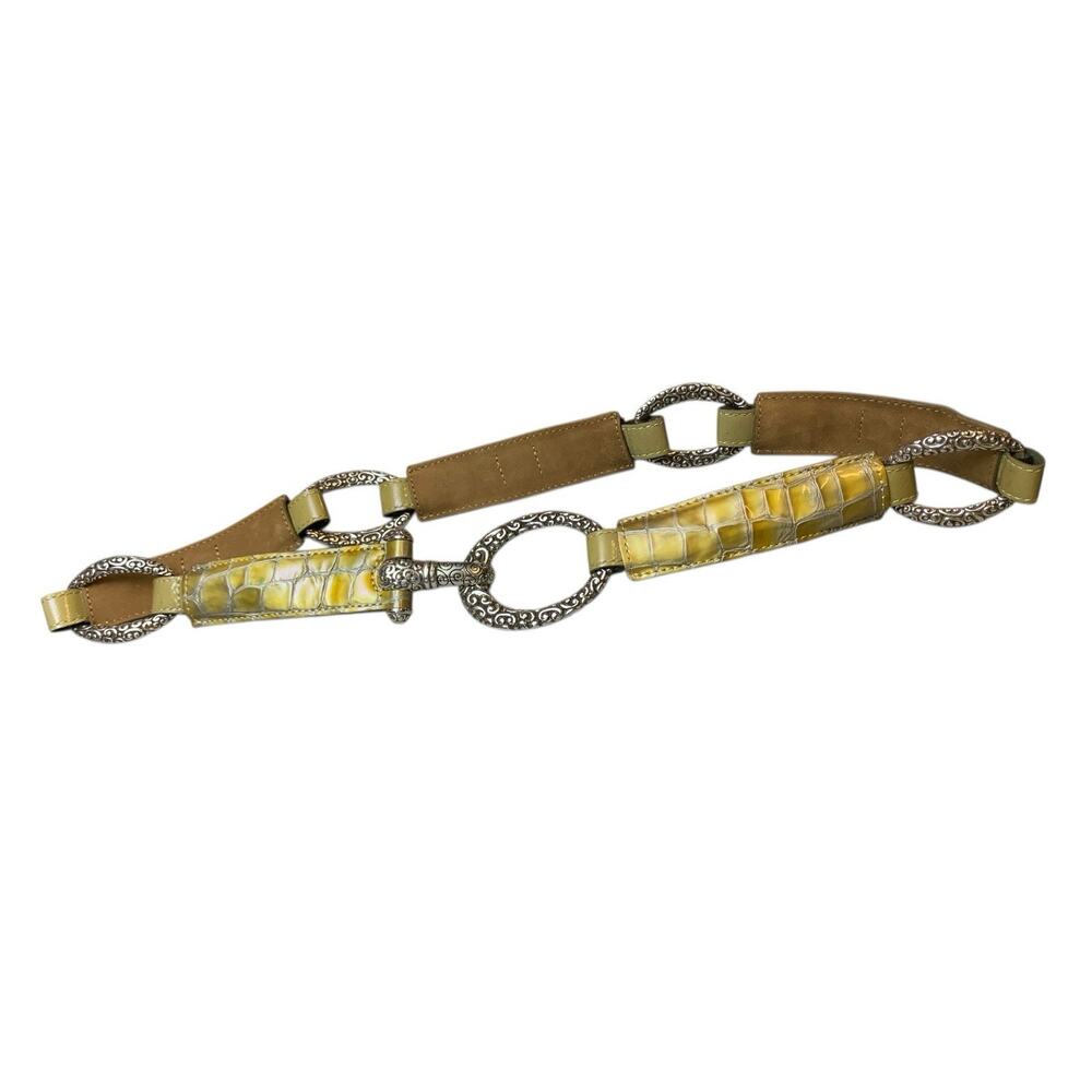 VTG Brighton‎ Yellow Croc Embossed Patent Leather Chain Link Belt Sz 32 B6019N